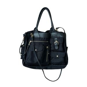 JPK Paris 75 Black Nylon Leather Satchel Tote Bag Gold Hardware Leopard Lining